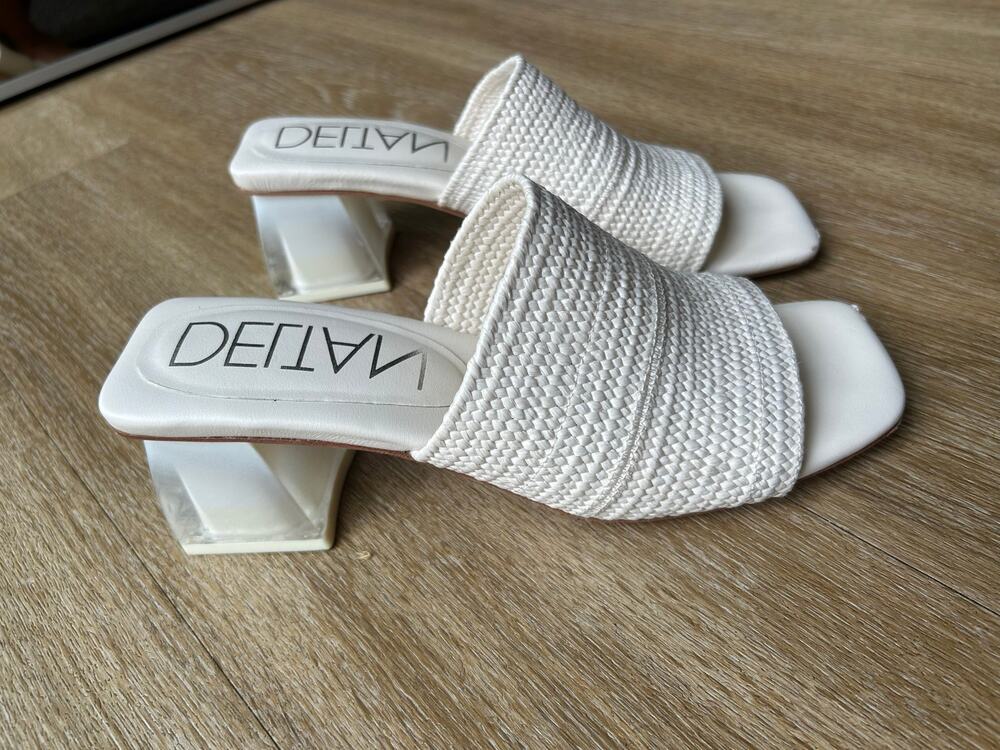 DELTAN Cream coastal Woven Slides OpenToe Chunky Heel Sandal Wedding Bridal Mule
